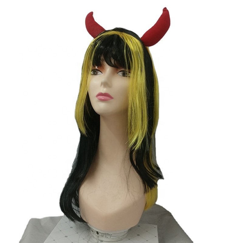 Wholesale party accessories fancy dress lady synthetic hair wig with seductive devil demon horns