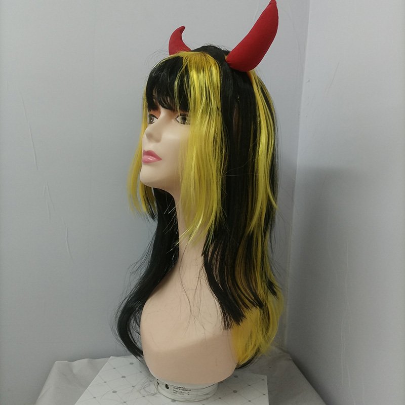 Wholesale party accessories fancy dress lady synthetic hair wig with seductive devil demon horns