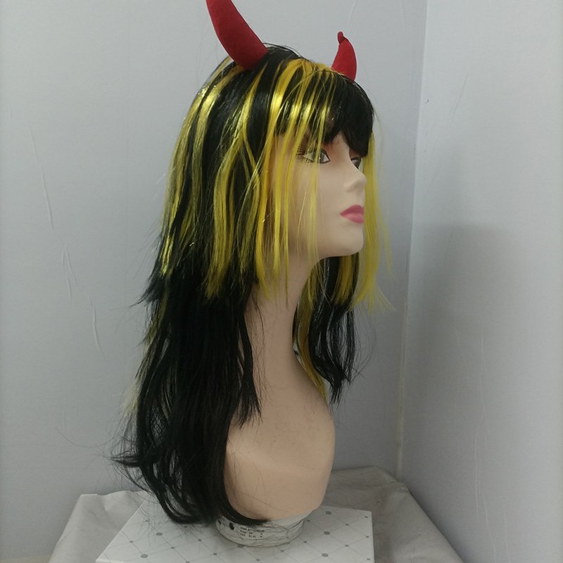 Wholesale party accessories fancy dress lady synthetic hair wig with seductive devil demon horns