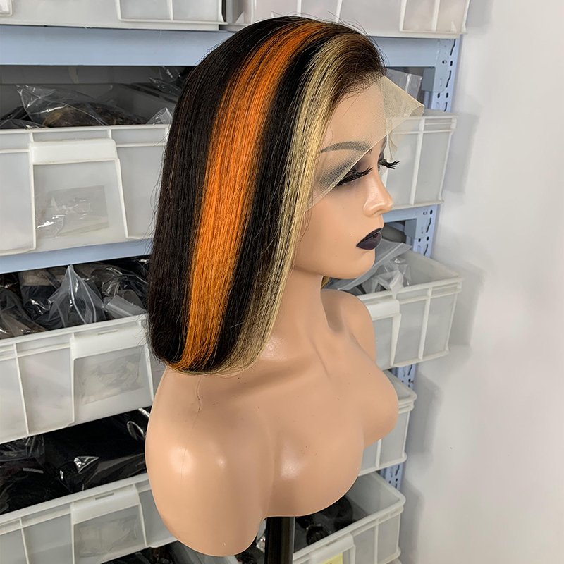 New Cheap highlight raw vietnamese hair Human Hair Wigs , Dark Roots Ombre colored Ginger Highlight short bob lace front wigs
