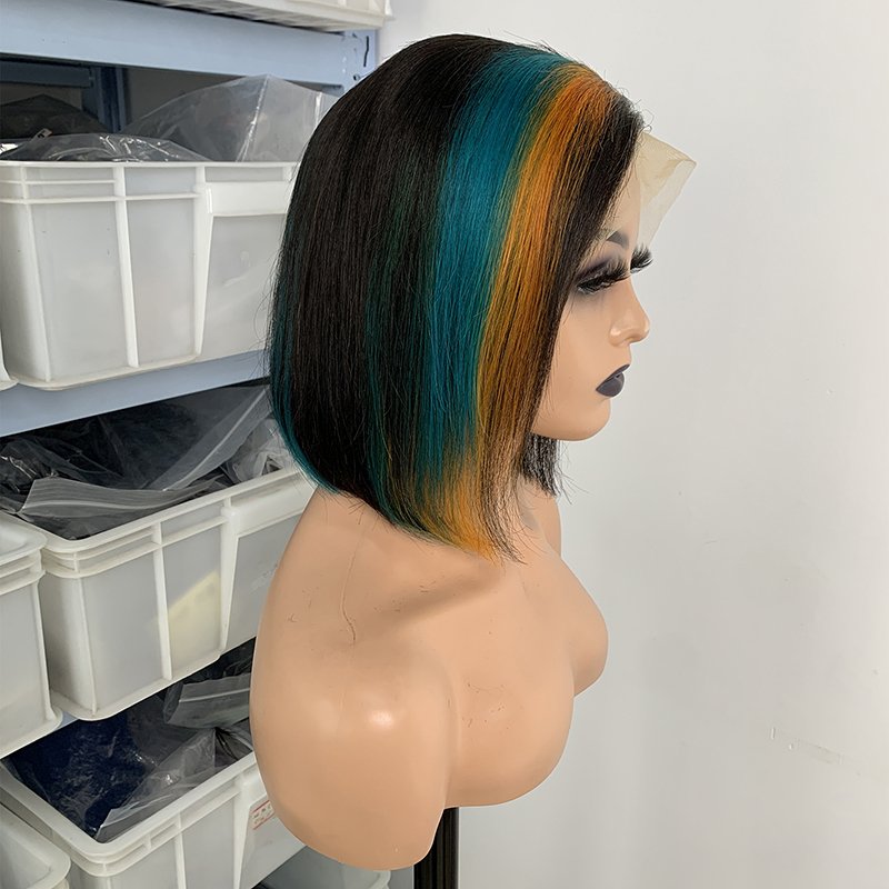 New Cheap highlight raw vietnamese hair Human Hair Wigs , Dark Roots Ombre colored Ginger Highlight short bob lace front wigs