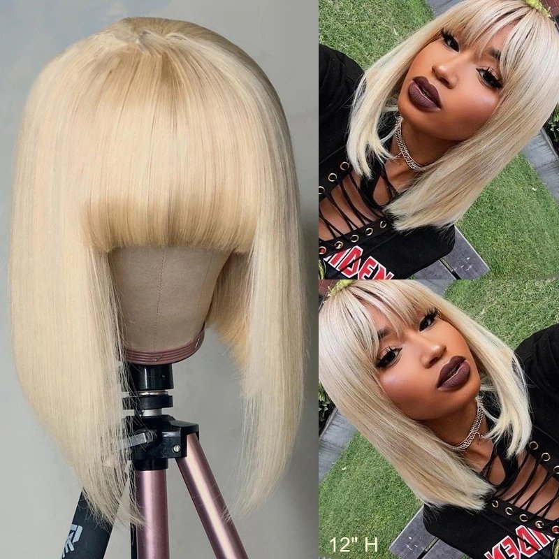 613 Blonde Bob Wig with Bangs Glueless Short Human Hair Wigs With Bangs Brazilian Straight Hair Short Bob Wigs