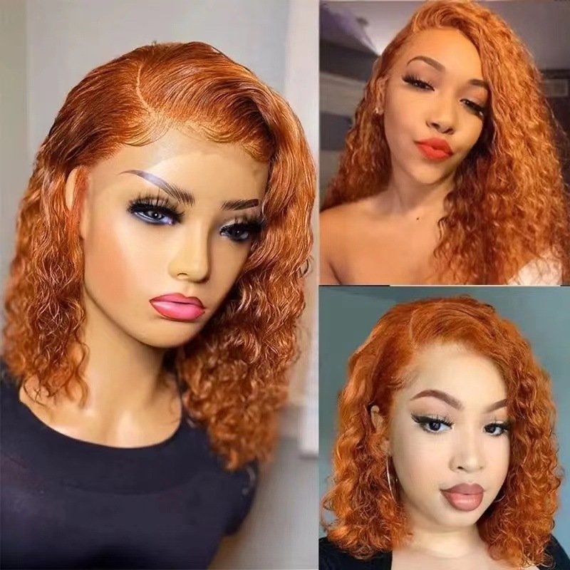 Short Bob Orange Ginger Curly Transparent Lace Front Wig Pre Plucked Human Hair Wigs For Women 13X4 180%Density Glueless Wig