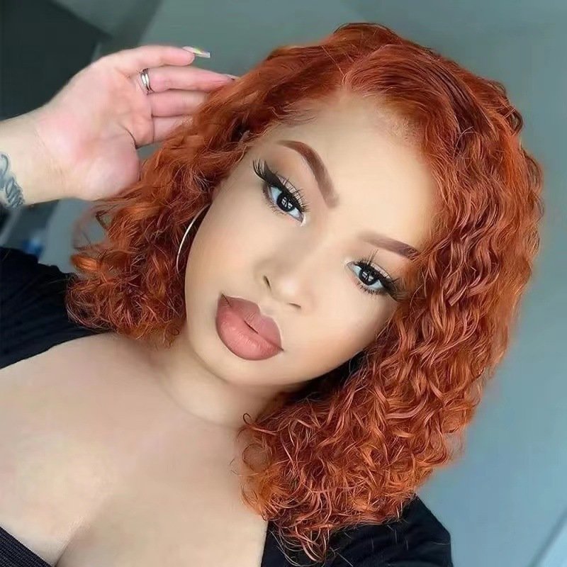 Short Bob Orange Ginger Curly Transparent Lace Front Wig Pre Plucked Human Hair Wigs For Women 13X4 180%Density Glueless Wig