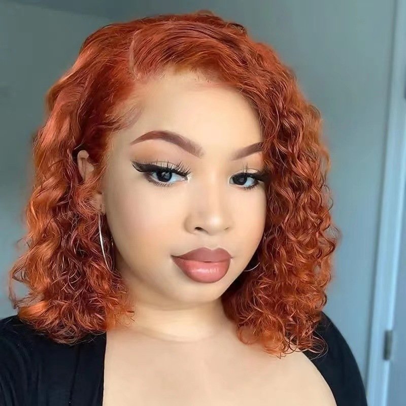 Short Bob Orange Ginger Curly Transparent Lace Front Wig Pre Plucked Human Hair Wigs For Women 13X4 180%Density Glueless Wig