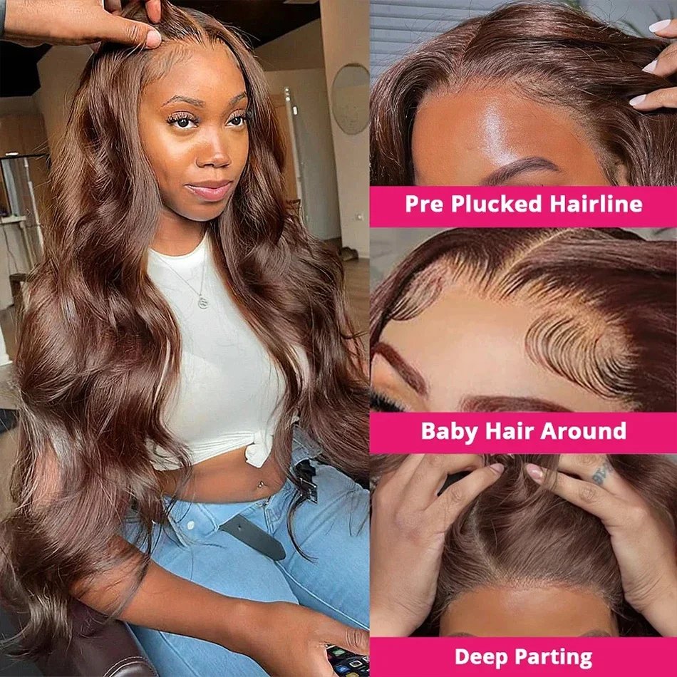 Transparent 34 Inch Chocolate Brown Body Wave Colored 13X4 Lace Front Human Hair Wigs For Women Preplucked 13X6 Lace Frontal Wig