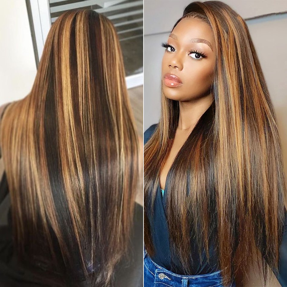 100% HUMAN HAIR Wholesale Straight Highlight 13x4 Transparent Lace Front Wig 12A Virgin Raw Brazilian Hair Full Frontal Wig