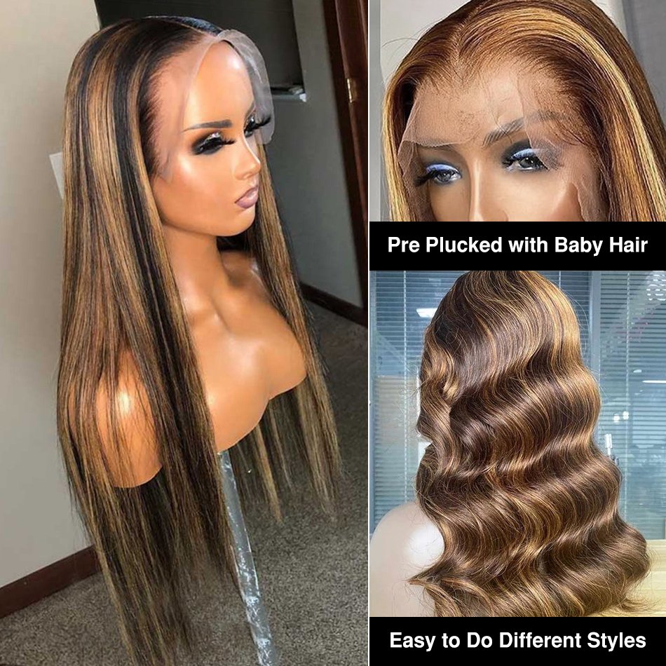 100% HUMAN HAIR Wholesale Straight Highlight 13x4 Transparent Lace Front Wig 12A Virgin Raw Brazilian Hair Full Frontal Wig