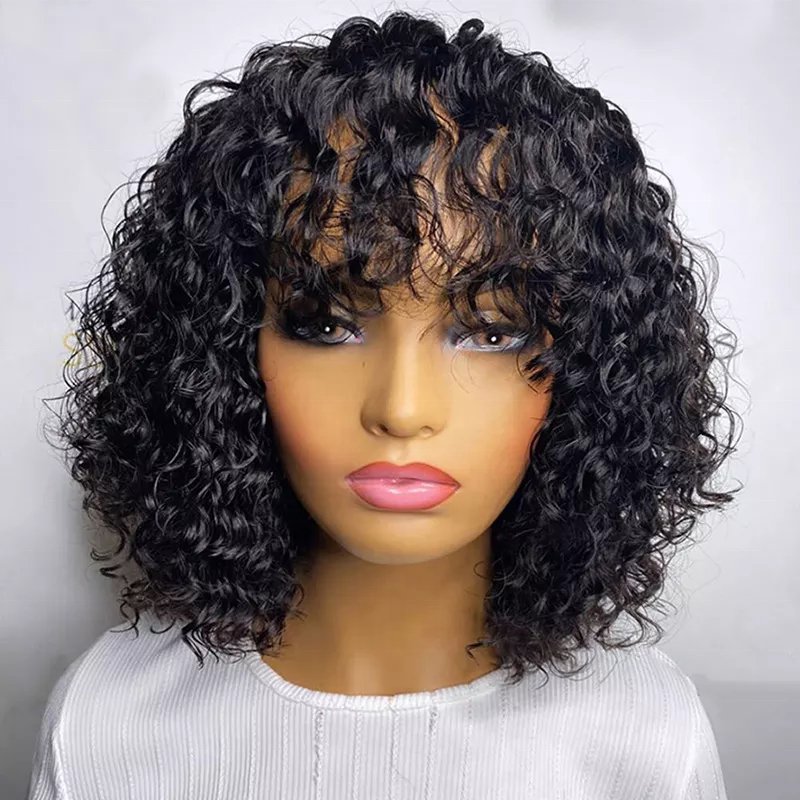 Custom machine made lace wig super cheap brazilian human hair wigs, 100% natural brazilian virgin Deep Wave Curly with bang wigs