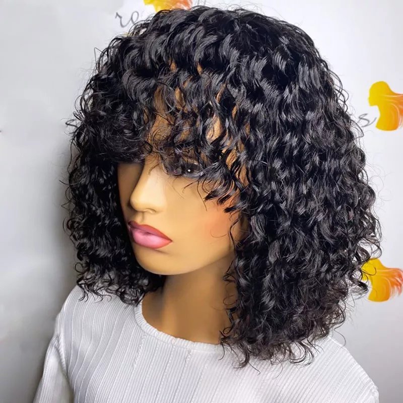 Custom machine made lace wig super cheap brazilian human hair wigs, 100% natural brazilian virgin Deep Wave Curly with bang wigs
