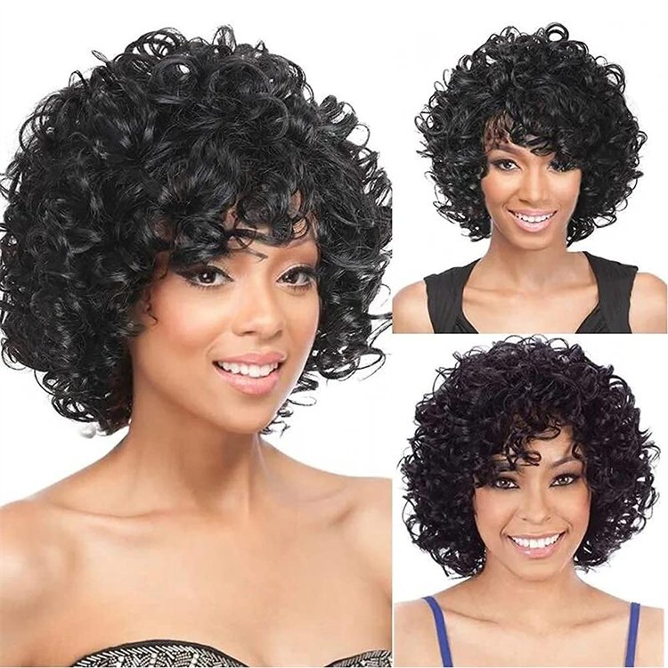 Wholesale Bouncy Curls Short Human Hair Wigs with Bangs Glueless Pixie Cuts Wigs for Women 10 inch Ladies Synthetic Wig