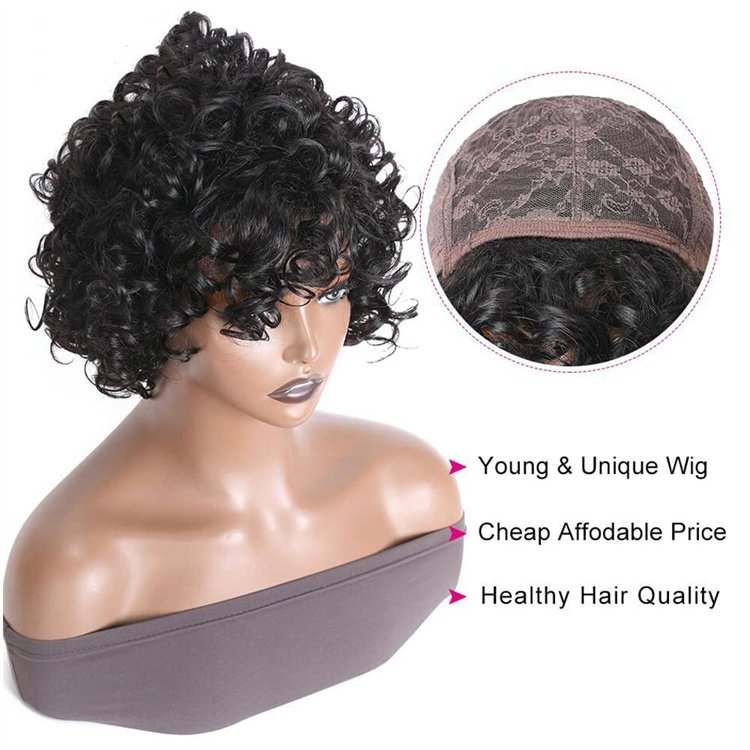 Wholesale Bouncy Curls Short Human Hair Wigs with Bangs Glueless Pixie Cuts Wigs for Women 10 inch Ladies Synthetic Wig