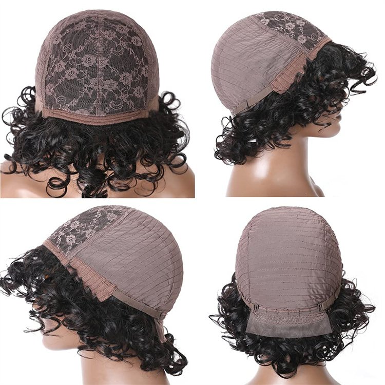 Wholesale Bouncy Curls Short Human Hair Wigs with Bangs Glueless Pixie Cuts Wigs for Women 10 inch Ladies Synthetic Wig