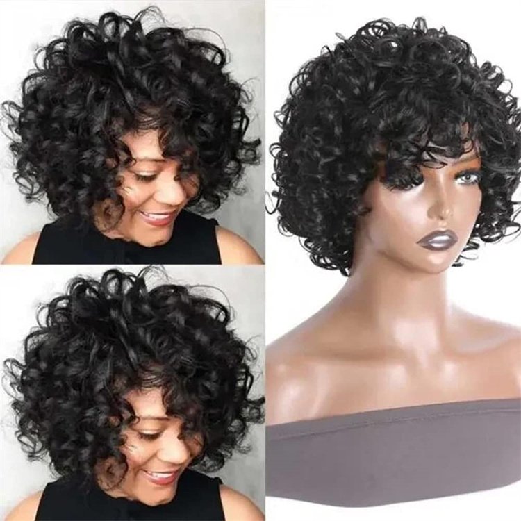 Wholesale Bouncy Curls Short Human Hair Wigs with Bangs Glueless Pixie Cuts Wigs for Women 10 inch Ladies Synthetic Wig