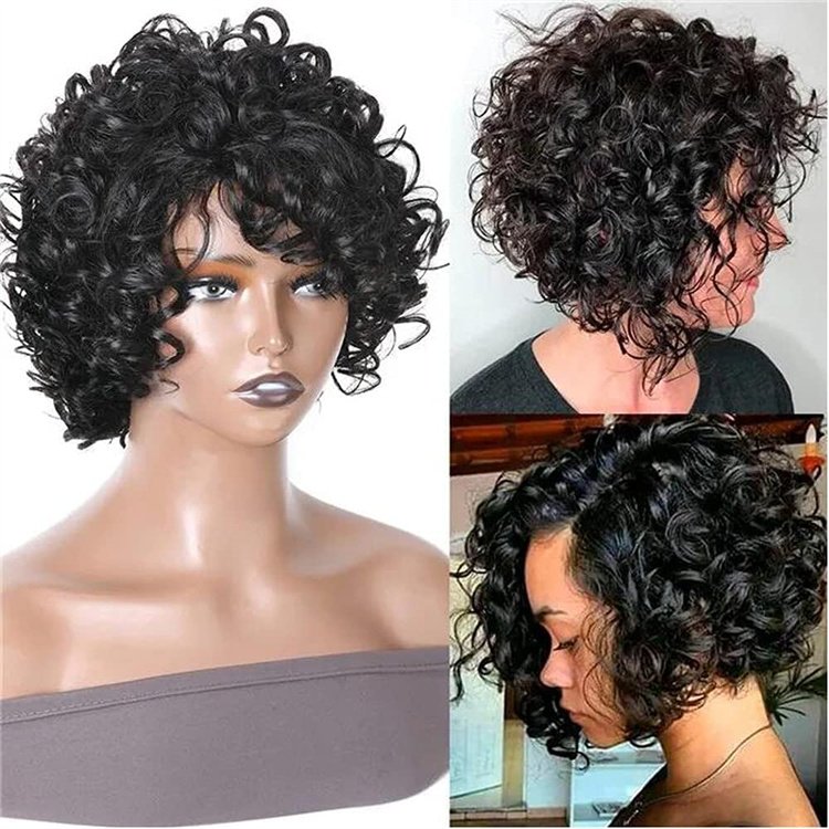 Wholesale Bouncy Curls Short Human Hair Wigs with Bangs Glueless Pixie Cuts Wigs for Women 10 inch Ladies Synthetic Wig