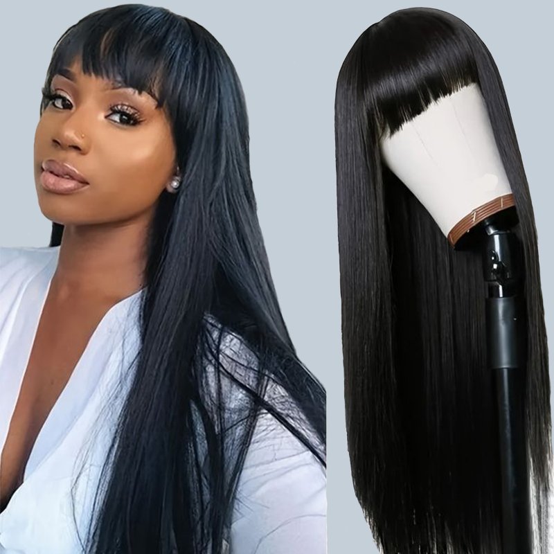 Straight Wig with Bangs Fringe Human Hair Wig with Bangs for Women Brazilian Remy Hair Glueless Full Machine Made Wig with Bang