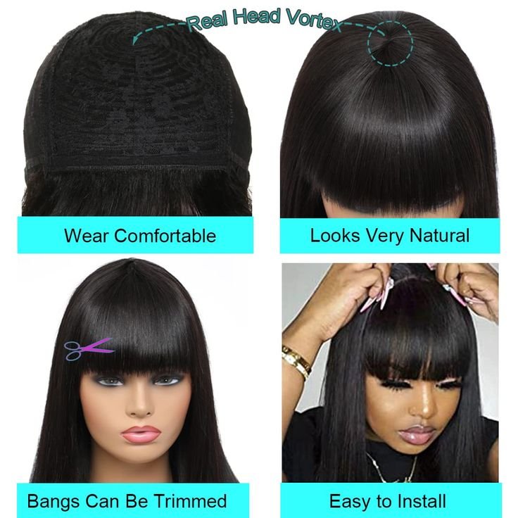 Straight Wig with Bangs Fringe Human Hair Wig with Bangs for Women Brazilian Remy Hair Glueless Full Machine Made Wig with Bang