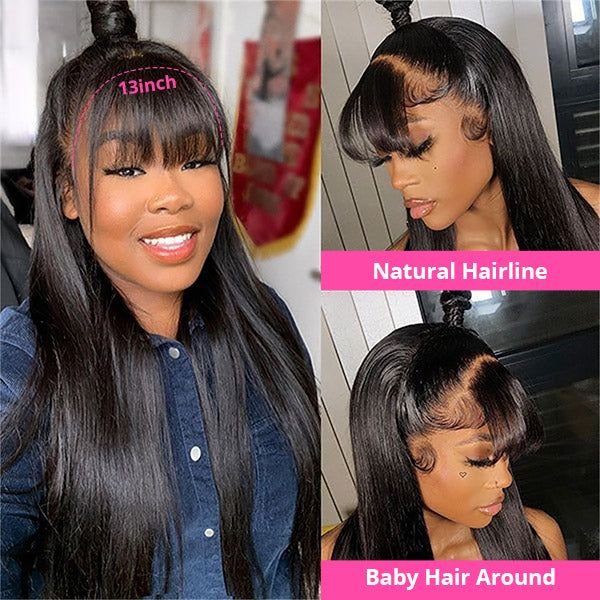 Straight Wig with Bangs Fringe Human Hair Wig with Bangs for Women Brazilian Remy Hair Glueless Full Machine Made Wig with Bang