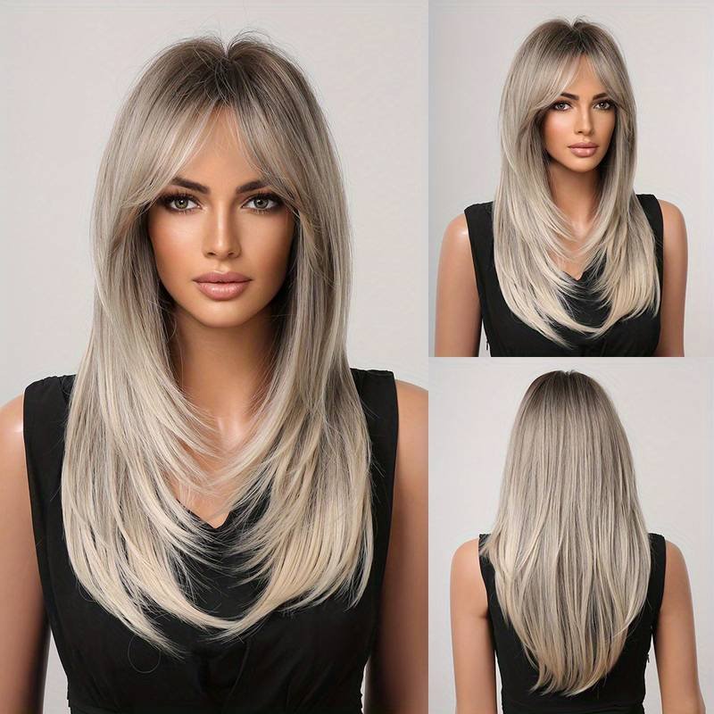 Factory Cheap 24 Inch Long Straight Layered Hair Wigs Synthetic Hair Replacement Wigs With Bangs For Daily Use For Women