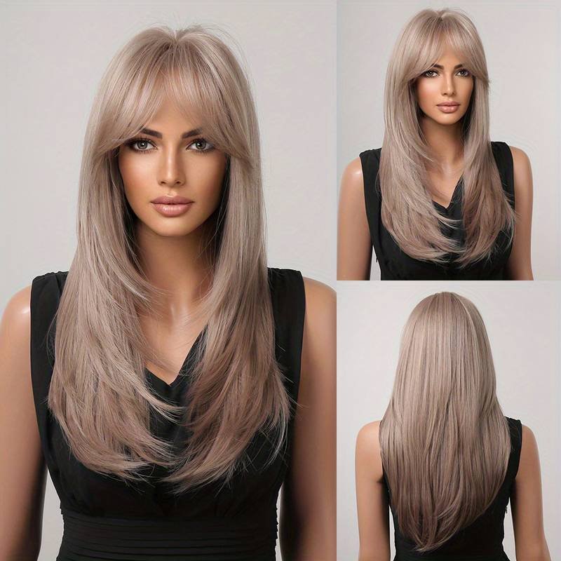 Factory Cheap 24 Inch Long Straight Layered Hair Wigs Synthetic Hair Replacement Wigs With Bangs For Daily Use For Women