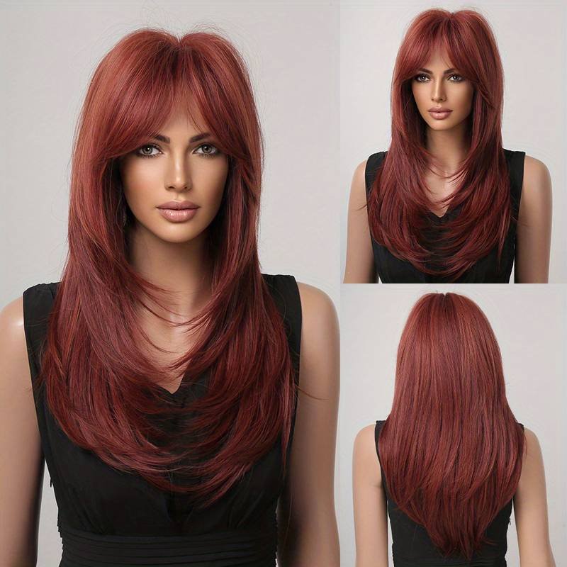 Factory Cheap 24 Inch Long Straight Layered Hair Wigs Synthetic Hair Replacement Wigs With Bangs For Daily Use For Women
