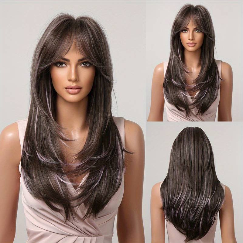 Factory Cheap 24 Inch Long Straight Layered Hair Wigs Synthetic Hair Replacement Wigs With Bangs For Daily Use For Women