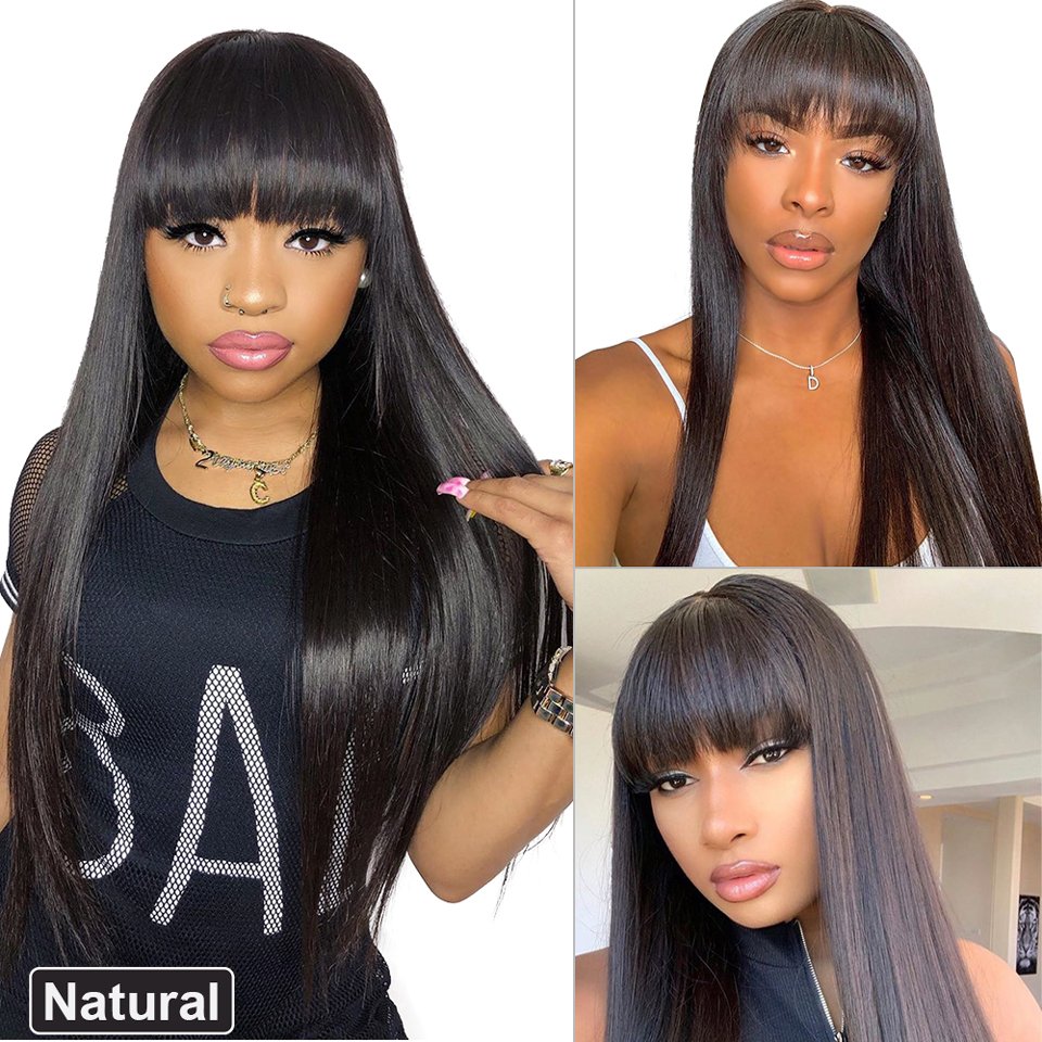 Human Hair Wig With Bangs For Black Women Human Hair Wigs Natural Perruque Cheveux Hand Made Wig 180% Remy Hair