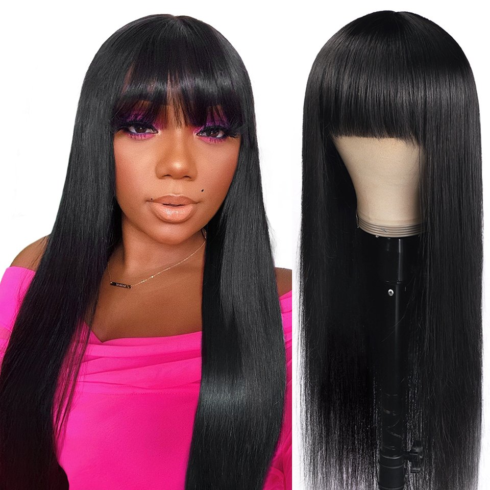 Human Hair Wig With Bangs For Black Women Human Hair Wigs Natural Perruque Cheveux Hand Made Wig 180% Remy Hair