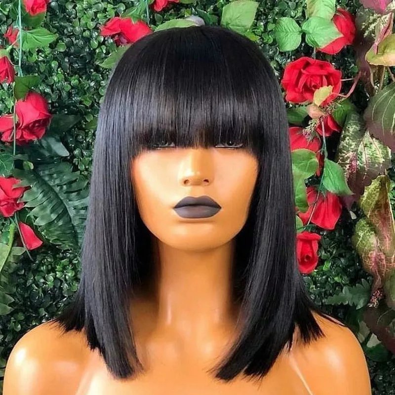 Human Hair Wig With Bangs For Black Women Human Hair Wigs Natural Perruque Cheveux Hand Made Wig 180% Remy Hair