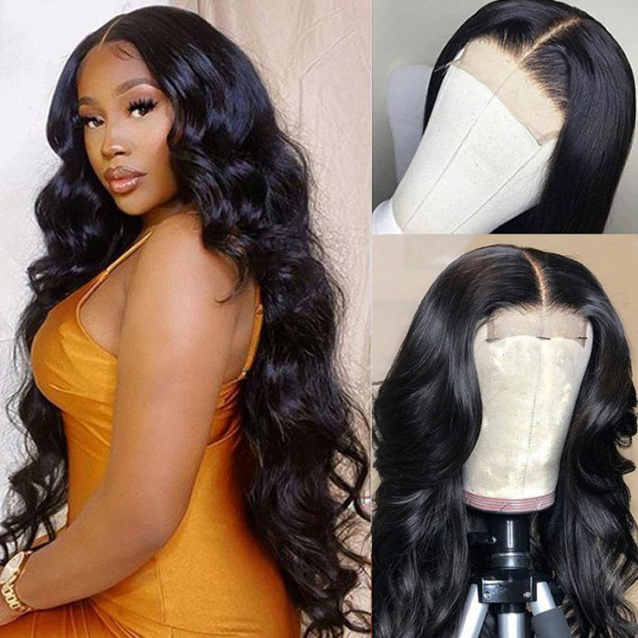 5x5 HD Lace CLosure Wig Human Hair Body Wave Natural Black Lace Frontal Closure Wig 180% Density