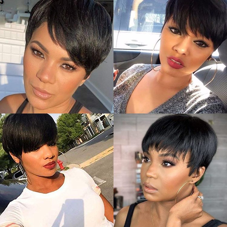 FH Cheap Price No Lace Short Human Hair Wigs Pixie Cut Straight Remy Brazilian Hair Machine Made Wig