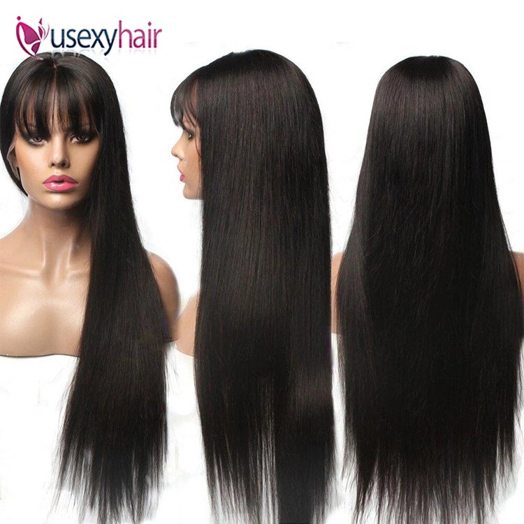 Usexy unprocessed raw remy human lace front wig 4x4 closure frontal indian wigs straight human hair wig with bangs