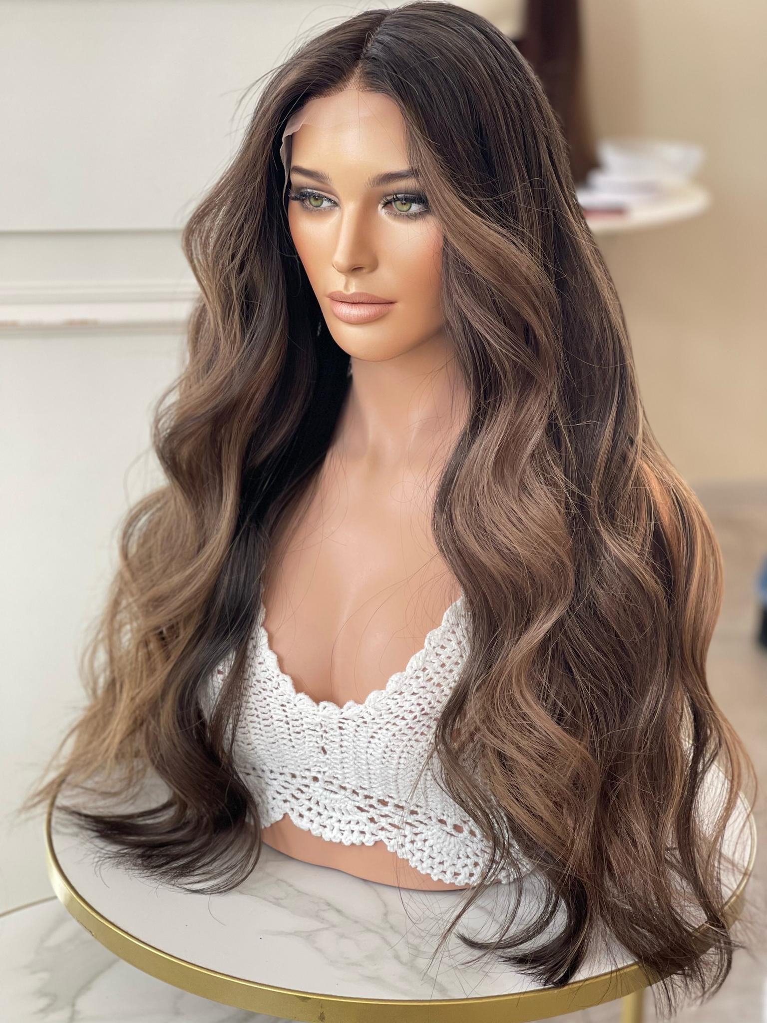 Premium 100% Virgin European Human Hair Highlight Brown Balayage Lace Front Wig Pre Plucked WIth Natural Hairline For Women