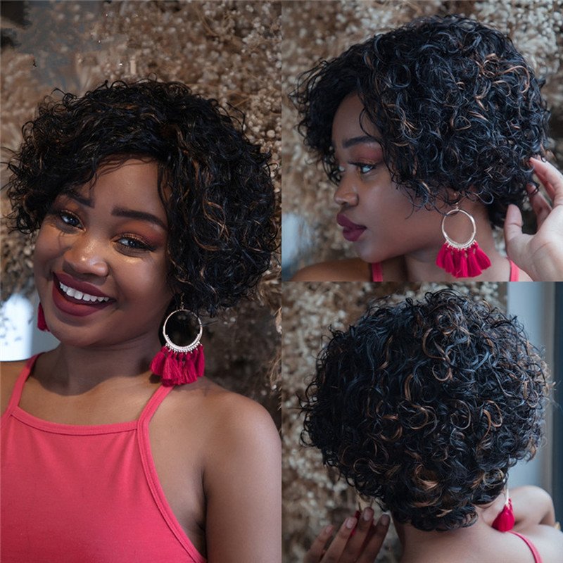 Real Human Hair Wig Short Hair Woman Color Lace Front India Afro Kinky Curly Pixie Cut Short Bob Wigs