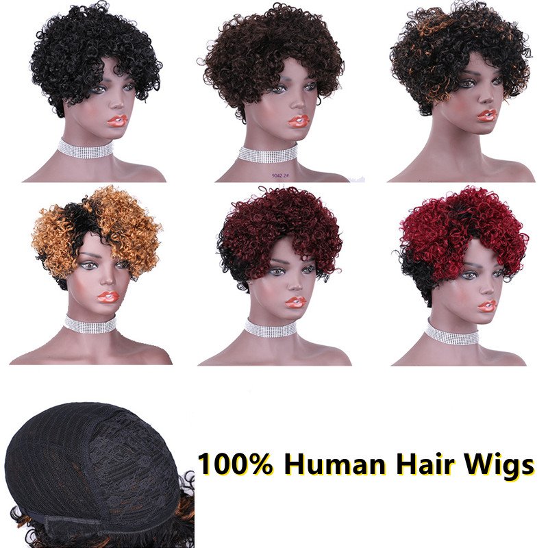 Real Human Hair Wig Short Hair Woman Color Lace Front India Afro Kinky Curly Pixie Cut Short Bob Wigs