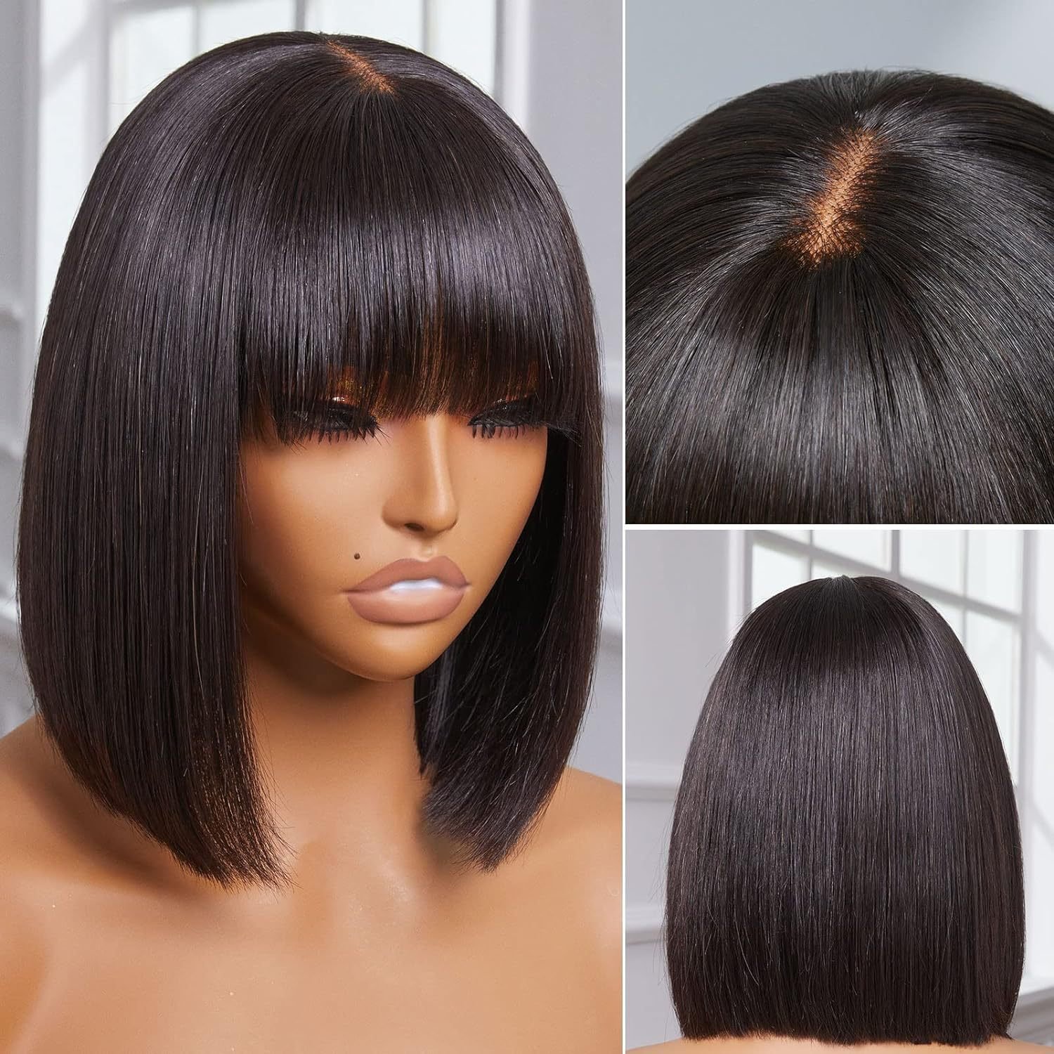 Wholesale Full Lace HD Synthetic Human Hair Wigs Silky Straight With Bangs Straight Hair Extensions Short Bob Machine Made Wig