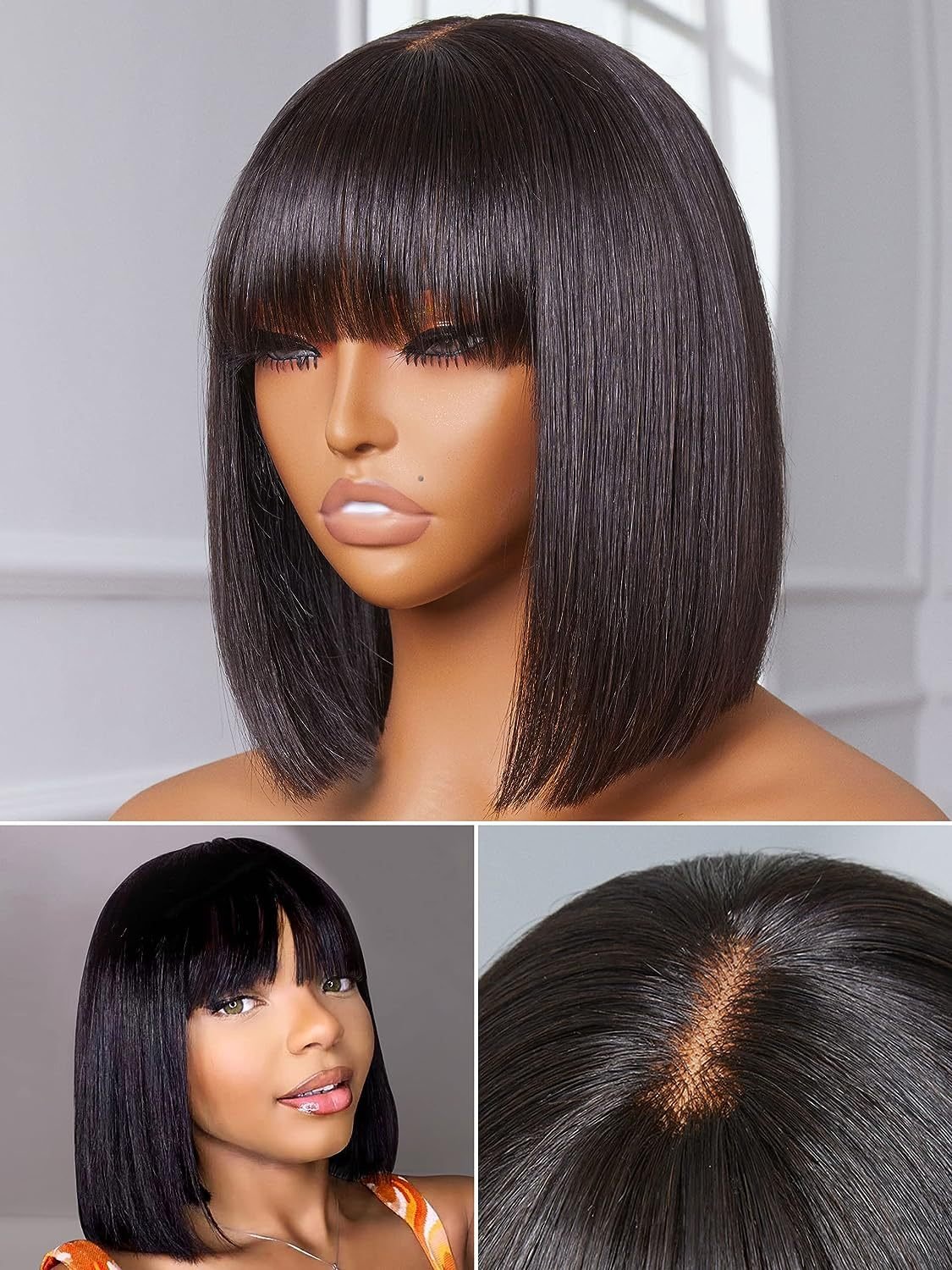 Wholesale Full Lace HD Synthetic Human Hair Wigs Silky Straight With Bangs Straight Hair Extensions Short Bob Machine Made Wig