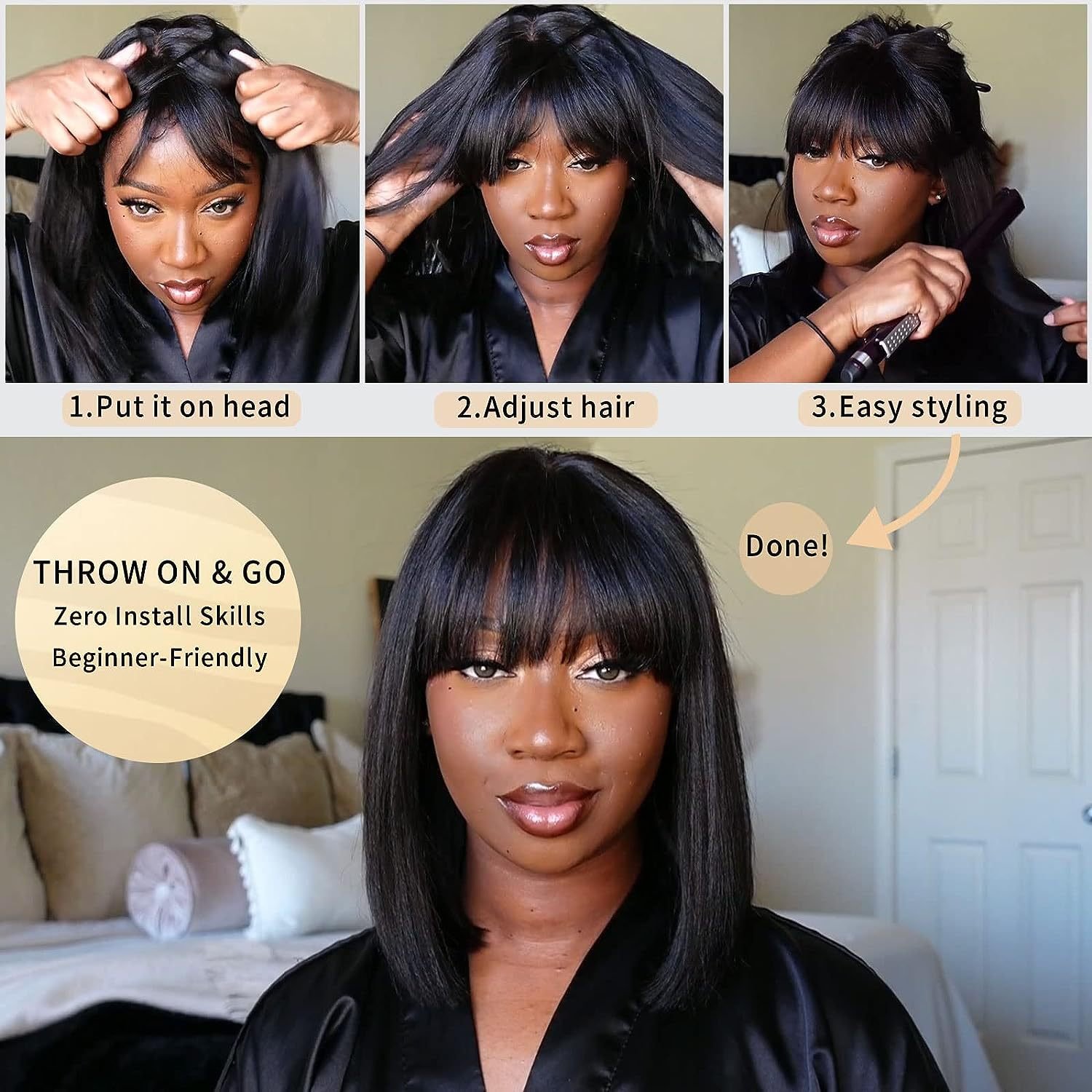 Wholesale Full Lace HD Synthetic Human Hair Wigs Silky Straight With Bangs Straight Hair Extensions Short Bob Machine Made Wig