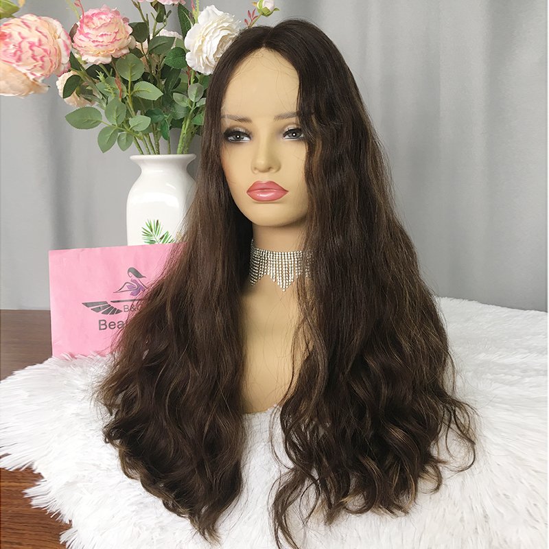 Guangzhou supplier Jewish wig natural remy human hair 4x4 closure lace front wigs medium brown with highlight
