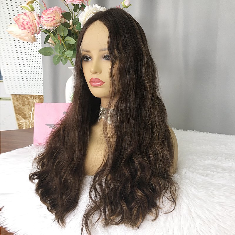 Guangzhou supplier Jewish wig natural remy human hair 4x4 closure lace front wigs medium brown with highlight