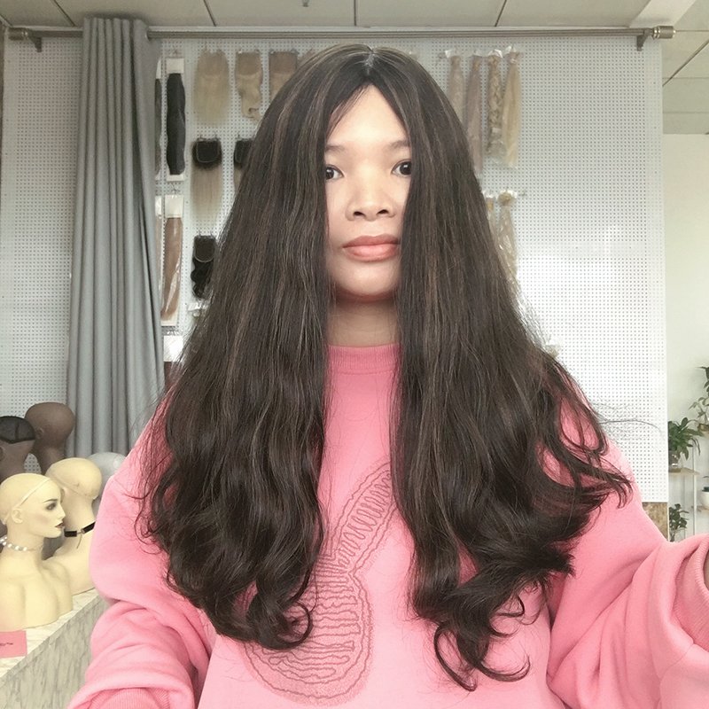 Guangzhou supplier Jewish wig natural remy human hair 4x4 closure lace front wigs medium brown with highlight