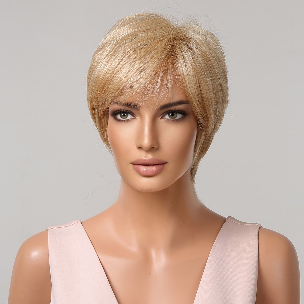 Blend Human Hair Wigs Short Blonde Pixie Cut Wigs with Bangs for White Women
