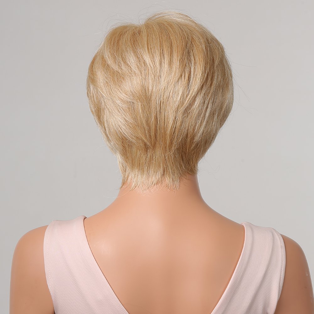 Blend Human Hair Wigs Short Blonde Pixie Cut Wigs with Bangs for White Women