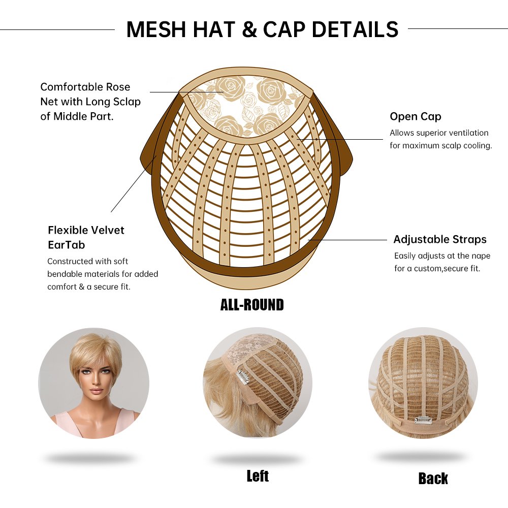Blend Human Hair Wigs Short Blonde Pixie Cut Wigs with Bangs for White Women
