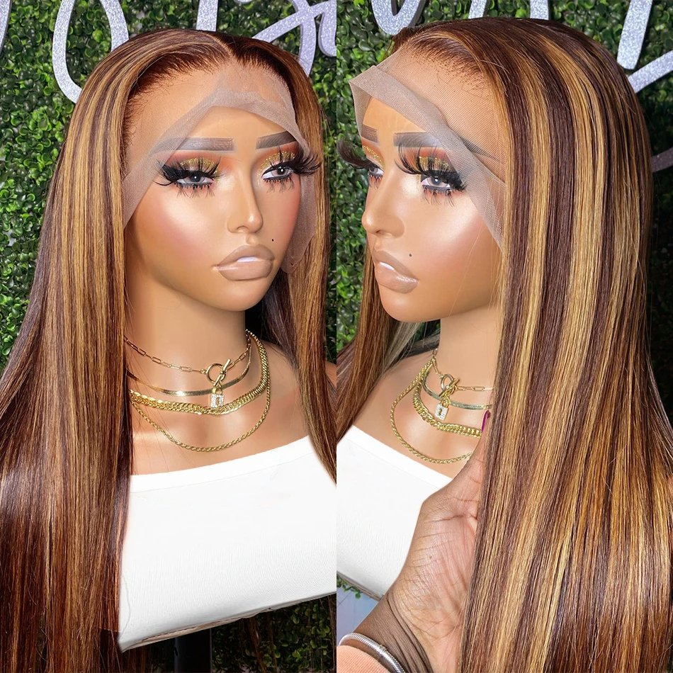 180% Density Straight Colored Ombre Wig, 28 30 40 Inch 13x4 Highlighted 100% Human Hair Hd Swiss Lace Front Wigs