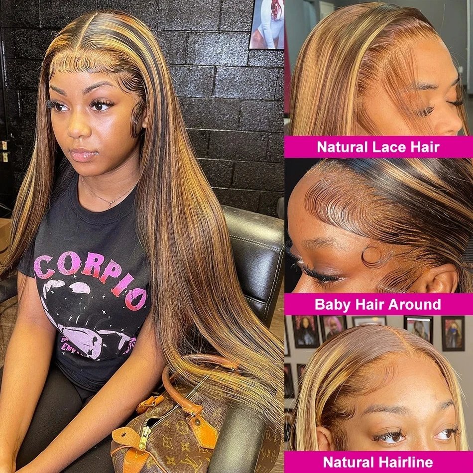 180% Density Straight Colored Ombre Wig, 28 30 40 Inch 13x4 Highlighted 100% Human Hair Hd Swiss Lace Front Wigs