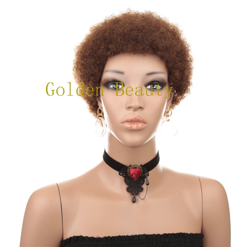 Short afro curly human hair wigs machine made black color fluffy kinky curly wigs for black women