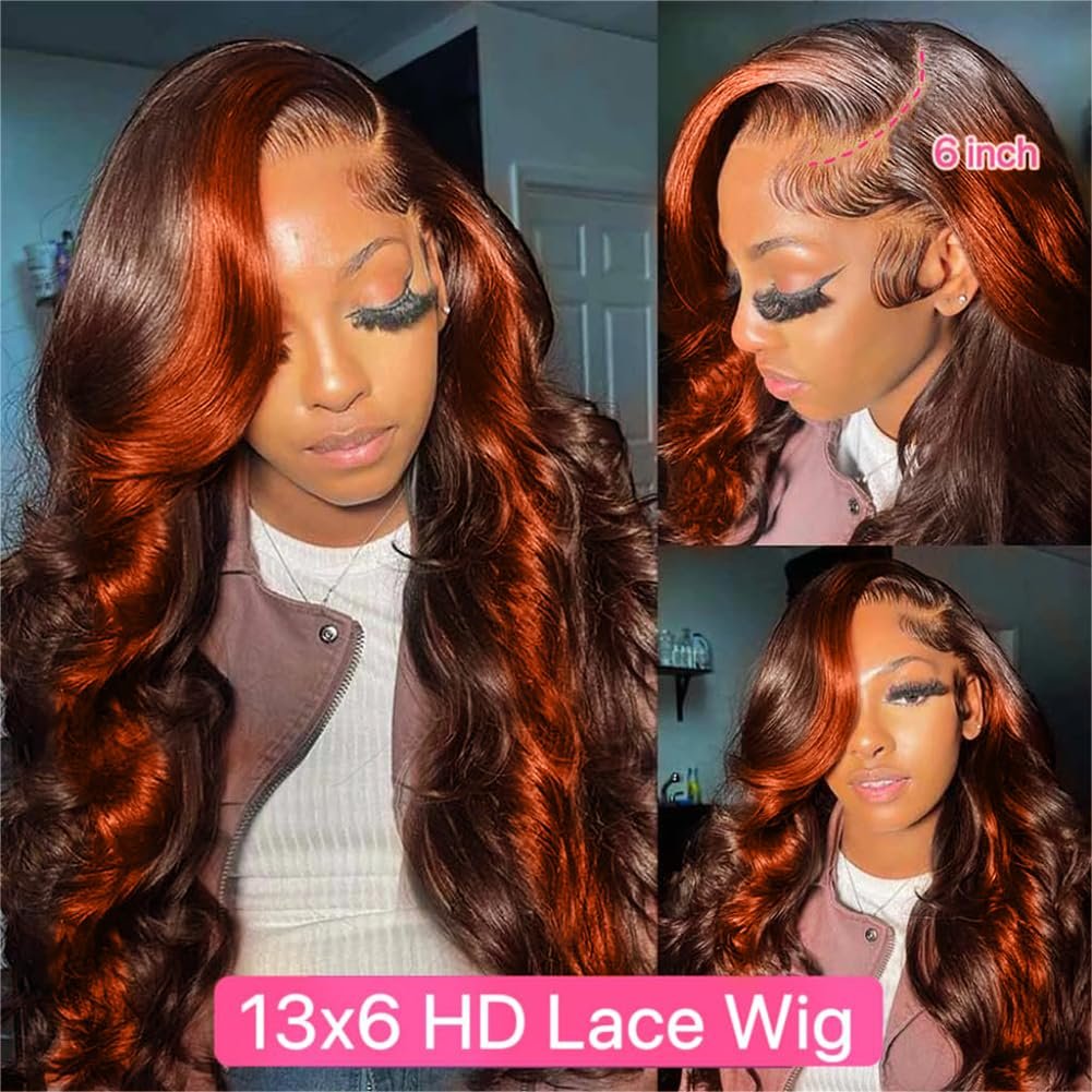Brazilian Ginger Orange Brown Highlight Colored Wear And Go Glueless Body Wave 13X6 Hd Lace Frontal Human Hair Wigs For Women