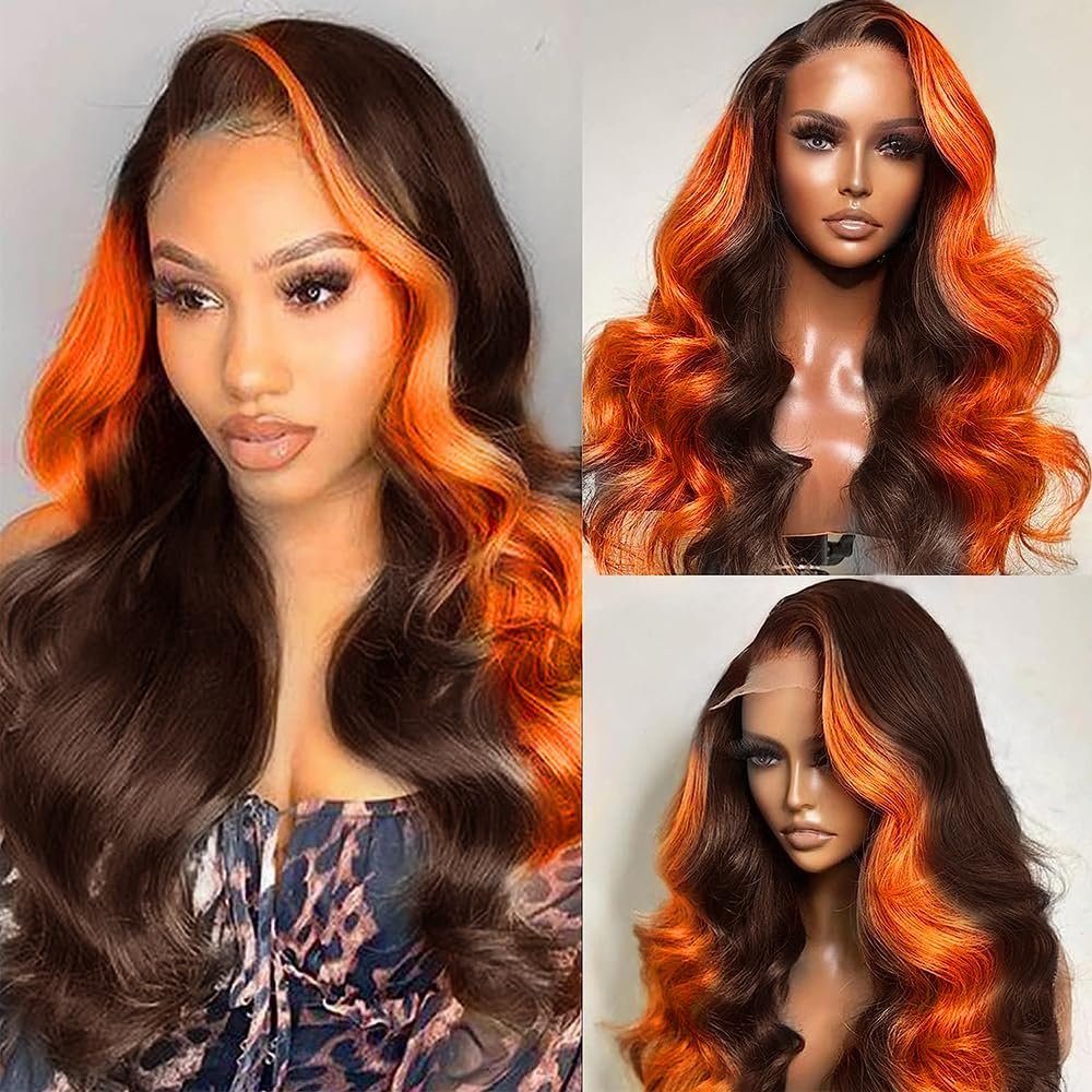 Brazilian Ginger Orange Brown Highlight Colored Wear And Go Glueless Body Wave 13X6 Hd Lace Frontal Human Hair Wigs For Women