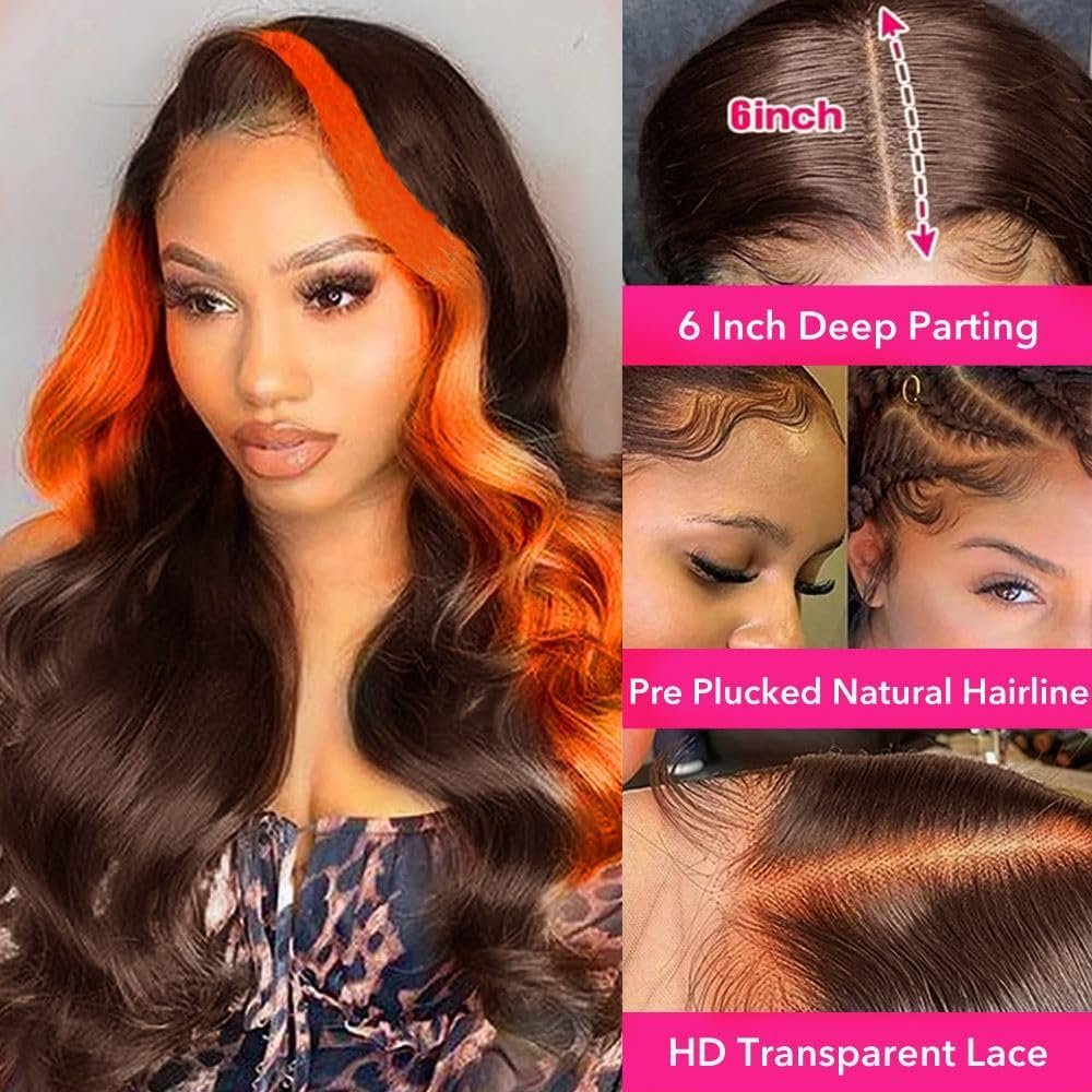Brazilian Ginger Orange Brown Highlight Colored Wear And Go Glueless Body Wave 13X6 Hd Lace Frontal Human Hair Wigs For Women